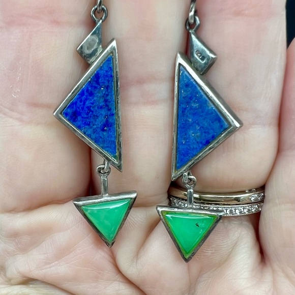Vintage Native American LAPIS & Silver Dangle Earrings, Signed CY, 6.2g - Picture 5 of 7